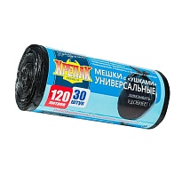 Мешки для мусора 120 л, с ушками, черные, в рулоне 30 шт., ПНД, 15 мкм, 1100х700 мм, Крепак, 4607075710375 в Махачкале Мешки для мусора 120 л, с ушками, черные, в рулоне 30 шт., ПНД, 15 мкм, 1100х700 мм, Крепак, 4607075710375 в Махачкале